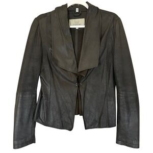 BOD CHRISTENSEN Black Leather Waterfall Drape Collar Jacket Sz 6  Peplum Moto